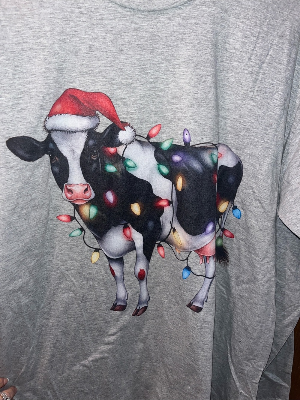 Port and Company Gray Long Sleeve Cow Graphic Tee with Holiday Lights
